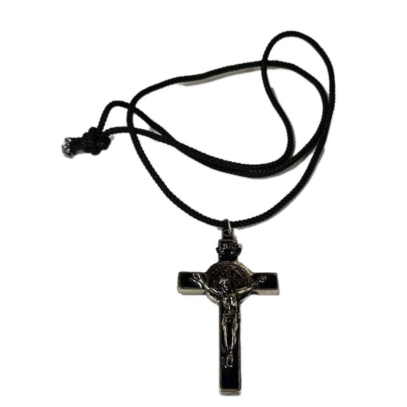 Other - St. Benedict Crucifix Necklace Black Enamel Cross with Cord Catholic Pendant